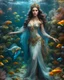 Placeholder: Full body shoot excellent pose gorgeous Beautiful Queen photography art realistic,cinematic colors,soft blur ,natural beauty, of young woman, smiling, beautiful, shiny grey eyes, beauty make up,Queen Persian style, shiny baubles, ornate, large gemstones, shiny molten metalics, shiny wire filigree, brown hair, high definition, Walk in underwater scene teeming with colorful fish nemo, many full fishes swim, and gentle sea turtle