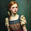 Placeholder: Quilted dress, beautiful lily cole with rosy cheeks and freckles, oil painting
