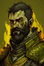 Placeholder: a fantasy zombie soldier. dark short hair, short beard. paladin armour, color green gold and yellow. missing part of cheek from rot. drawing.