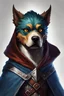 Placeholder: Generate a dungeons and dragons character portrait of the face of a male half dragon dog wearing a cloak that covers his face.