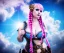 Placeholder: Very sensual gorgeous curvy young white woman pink hair maiden dressed in blue posing sensually with plaits, and with a skull in her hand, background of ancient marble Roman arcs heavenly sunshine beams divine bright soft focus holy in the clouds steampunk engine steampunk engine.