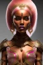 Placeholder: Beautiful perfect Portrait bronze skin, red to pink pixie cut Dominican lady, bare muscular midriff BlackFuturism full body shot, full-color long shot skin-tight ornate black filigree sheer crop top armor and silver leather miniskirt positive space detailed hyperdetailed insane masterpiece picture of the day