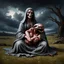 Placeholder: medieval painting depicts a decaying zombie Madonna figure with rotting flesh sitting upright while cradling a grotesque, otherworldly xenomorphic body with multiple tentacles. The zombie Madonna wears tattered, grey robes revealing decomposed skin, while the xenomorphic creature has pale, elongated segments and distorted features. The background shows a dark, twisted landscape inspired by Arnold Bocklin's composition style, with gnarled trees and swirling clouds reminiscent of Hieronymus Bosch