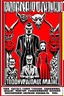 Placeholder: Woland, Behemoth, Korovjov characters from Mikhail Bulgakov’s The Master and Margarita, red background, black, white figures, bizarre, surreal by Adolphe Mouron Cassandre poster