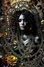 Placeholder: abstract creation of a beautiful woman with black curly hair, surrounded by black roses, thick metal chain broken, glass petals on the ground, autumn colours,dried out thorn bush, chaos,