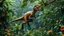 Placeholder: Capture a velociraptor mid-action as it leaps from a branch onto its prey. The surrounding rainforest is rich with varied green foliage, vibrant flowers, and hints of exotic wildlife peering through the dense undergrowth. Rain pours from the canopy, highlighting the raptor's powerful muscles and sharp claws, creating a captivating scene full of intensity and life.