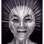 Placeholder: Silver on black paper portrait of female smiling face of migraine, face distorted with pain, reverse colors, screaming, tears streaming from eyes, colorless, glitchcore, dystopian, horror, ultra realist texture, intricate line drawing,