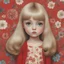 Placeholder: 1970s, blond Little girl in red, long hair, in the style of Margaret Keane, huge eyes, flowered wallpaper