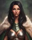 Placeholder: portrait of a petite athletic woman warrior, medium breasts, long black hair, green eyes, tan skin, bikini armor, fur cloak, realistic art style