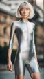 Placeholder: beautiful anorexic asian girl, total shot, shiny silver triathlon swimsuit, short blond wavy bob hair, blurred city background