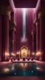 Placeholder: Hyper Realistic people praying inside a huge maroon wall mosque with waterfall, grass patches & small water ponds at night with small chandeliers