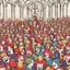 Placeholder: many clowns begin to throw bottles filled with an unknown liquid into the people crowd inside the gloomy church, lot of smoke