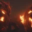 Placeholder: Cerberus, character-design, fire pouring from each mouth, full body, fiery dark skies in the underworld with Hades in the background, 8k, highly detailed, hyperreal, octane render, hdr, dark, sparkling lights, Cinematography lighting, mysterious, glister, surrealism, campbell white, 8K