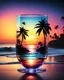 Placeholder: Stunning conceptual beach scene illustration in cocktail glass silhouette. Beach with vibrant colors, sunset sky and coast with palm trees. Cinematic black background, the glass looks like a window to a tropical paradise.12k 3D HD hyper-realistic Image quality CodeFormer AI 12K, cute flower fairy with bright wings like morning dew, flutters from flower to flower. Hair in curls,adorned with petals and pollen, mysterious phoenix woman,her silhouette made with interconnected and integrated elements