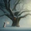 Placeholder: sad dog chained to tree outside with shadowy figure nearby, family home in background, winter, 8k resolution, high-quality, fine-detail, iridescent, intricate, digital art, detailed matte, volumetric lighting, illustration, 3D octane render, brian froud, howard lyon, selina french, anna dittmann, annie stokes, lisa parker, greg rutowski,