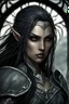 Placeholder: SA female elf with skin the color of storm clouds, deep grey, stands ready for battle. Her long black hair flows behind her like a shadow, while her eyes gleam with a fierce silver light. Despite the grim set of her mouth, there's a undeniable beauty in her fierce countenance. She's been in a fight, evidenced by the ragged state of her leather armor and the red cape that's seen better days, edges frayed and torn. In her hands, she grips two daggers, add dark shadow mystic purple flames