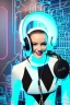 Placeholder: Technological singularity. Fake smile, camera-eyes, cables, selfies, 3D-tiles background, lighted shelf full of heads. Cyber-punk full-mask. Lay figure woman with plastic milky, plank skin. Repugnant behavior. Haute Couture 90's long tippet. Light right. Silver, black, Cyan. Big AKG headphones. Golden rings and discs. Thick tights, Thick calves, Curved fell, Wide hip. Nature. Sweat, tears and blood. Cows outside. Decay rust mud on the torso