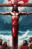 Placeholder: close up: upside down Jesus in blood and flesh on his Cross, an ocean of sins in the background