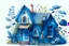 Placeholder: House illustration, realistic, detailed, illustrative, childrenbook style, Blue house, cute plants