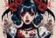 Placeholder: Poster in two gradually, a one side malevolent goth vampire girl face and other side the Singer Melanie Martinez face, full body, painting by Yoji Shinkawa, darkblue and sepia tones, wears a smart shirt which is embroidered with red flowers and ornaments, has dark eyes and horns