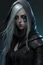 Placeholder: female human with scarred face, cyberpunk, white long hair, blue eyes, black leather armor, black cape, black hood