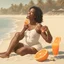 Placeholder: Portrait of black woman enjoying orange popsicle, enjoying the sun. She's at the beach with turtles and baby crab