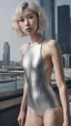 Placeholder: beautiful anorexic asian girl, total shot, shiny silver triathlon swimsuit, short blond wavy bob hair, blurred city background