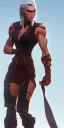 Placeholder: A tall muscular warrior woman with short blond hair