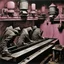 Placeholder: faceless students hunched over desks on large conveyor belt headed into a open furnace, photorealism, by Joel-Peter Witkin, deep colors, surreal, moody, dramatic, Pink_Floyd aesthetics