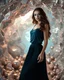 Placeholder: make a picture pretty cave made of crystal and metallic 3d fractal recursive cubic and sphere base structures and a beautiful fashion model lady with cute,with dark cyan decholte top and pretty pleated midi skirt,siver,curvy long hair,makeup, she walks in cave ,dynamic camera fallow her inside cave capturing full body, dynamic lights.