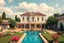 Placeholder: a luxury villa yard with pool in center and pretty plants trees flowers, pretty clouds,a pretty model lady in victorian clothing walking in villa yard green path next pool .every thing and lady is made of small colored cubes as a puzzle