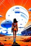 Placeholder: Kenji Tsuruta art style, space port, starship landing, a girl in skintight pilot suit walking toward the starship, perfect body, double mars in sky, several starships flying away far in background, detailed, sci fi, illustration