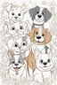 Placeholder: colouring book cover, simple picture for toddlers, pets: dogs, kitties, disney and pixar style