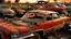 Placeholder: Cementerio de automóviles → Fotografía analógica → Americana clásica → Capas de coches apilados, cromados reflejando el cielo, parabrisas estallados como telarañas → Encuadre de 35mm con gran angular para distorsionar las pilas de metal → Luz de atardecer rojizo creando largos reflejos en los parachoques → Rojos rubi, cromados brillantes y verdes oxidados → Sueño americano roto y consumismo efímero