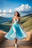 Placeholder: full-body closeup shot of a young, beautiful girl with a perfect face and makeup,wearing pretty dance dress standing in a stage in open air nice hills , blue sky ,pretty clouds at distant