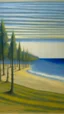 Placeholder: A grayish blue beach near a forest painted by Georges Seurat