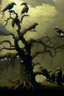 Placeholder: A group of crows standing on a scary tree without leaves . its skin is covered in moss and lichen, allowing it to blend seamlessly into its surroundings. Forest Spirits feed on the energy of trees and can create thick fog to confuse their victims.