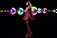 Placeholder: beautiful full body with long boots lady in surreal stage made of fractal random size spheres with helical strip colors in clothing similar to environment full body posing to camera,animating background metallic random color cubes