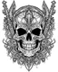 Placeholder: symmetrical skull with an embedded sword tattoo, coloring book page, clean line art, adults drawing book, Black and white only, crisp black lines, sharp lines, coloring page for adults, black and white picture, lots of details, tattoo style,tattoo ideas, full body