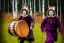 Placeholder: One Northern Native Man. gaffer. Two haunted kid running in the background, indigenous, birch-bark face-cover, Kekripukki, carrying drums made of birch-park, Scary Horns, Midwinter, Ghost, Mystic, Haunted Children, The children are dead, Witch, Wizard, Sage, Traditional Costumes, Full Face Painted with purple and green. Arctic Hills, Strange trees, Haunting Atmosphere, Crazy, North-Carelia, Karelia, Karjala, Karjalainen, traditional Carelian costumes, black tears,