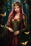 Placeholder: Burgundy hair, dark hair,dark red , rapunzel hair,very long hair,dark fairy princess,elven crown,night,dragonflies,beautiful,ong ashes,golden armor ,sparkle,night blooming,ivy,dark green,lilly of valley,golden elven crown,elven warrior,dark gold armor