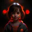 Placeholder: little girl, bob hair cut, unreal engine, professional movie light, beautiful, whole body, grey blurred background, orange rim light, white light front, portrait, cute, black hair, artistic brush trail on hair, minimalist clothes, mustaches, beard