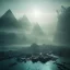 Placeholder: sci-fi city underwater with pyramids and ancient writings, mood is gloomy, colors include blue and red and green, shafts of lighting, mist, , photorealistic, , volumetric light, cinematic