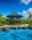 Placeholder: A blue resort on an island designed in Hawaiian tikis