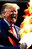 Placeholder: donald trump burns the american flag while maniacally laughing