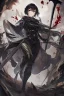 Placeholder: Anime girl with short black hair and sharp green eyes holding a sinister spear, full body black and white metal plate armour, full body shot, Dramatic lighting,1woman, soaked in blood,Warrior