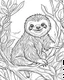 Placeholder: create a 2d black outline, "safari smiling cartoon sloth on a branch coloring book for kids", coloring page, low details design, black contour, coloring page design, simple background, colorful , card style, coloring page for kids, white background, sketch style, safari landscape, cartoon style