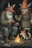 Placeholder: a gnome and a goblin eating in front of a fish fire, figure with fox mask behind in the environment, riverbank, night, moonlight,