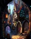 Placeholder: medieval fantasy cobblestone town with stained glass window buildings fairytale rpg art