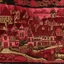 Placeholder: A dark reddish magenta village designed in medieval tapestry